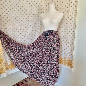 Vintage 80s India Cotton Gauze Maxi Skirt – Red Green Black Floral – Sheer
